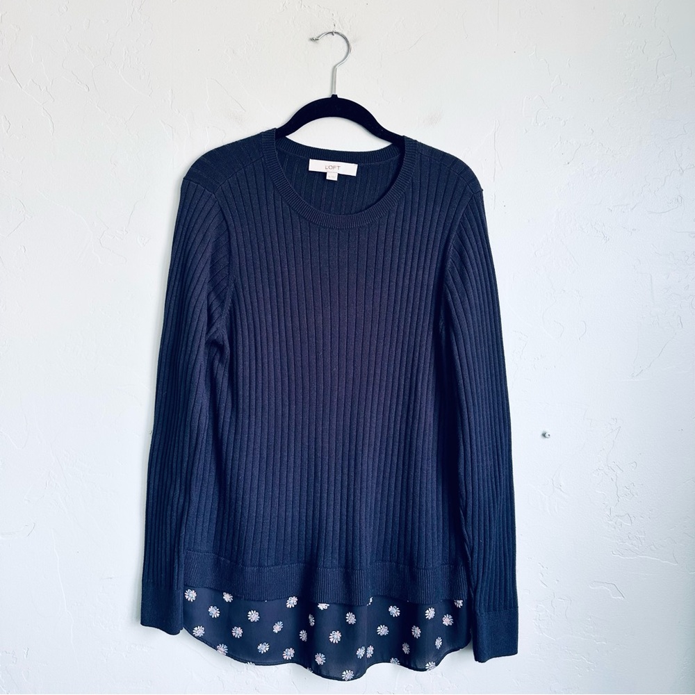 LOFT‎ Women’s Spring Navy Ribbed Long-Sleeve Sweater Floral Layered Hem XL EUC
